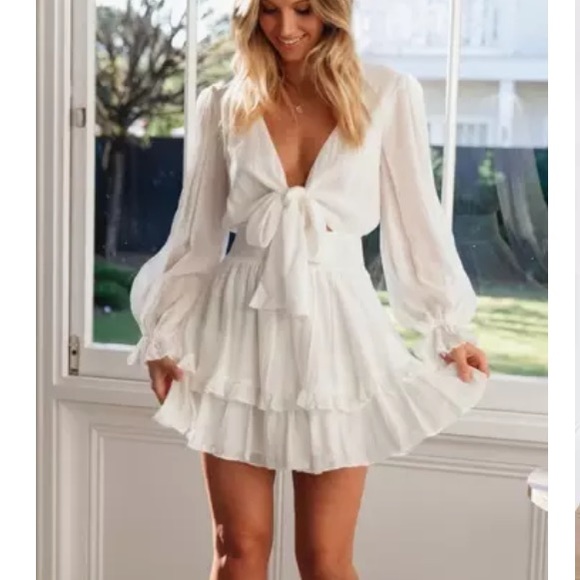 🎉New Boho Knot Front V Neck Ruffles Long Sleeve Swing Mini Dress - Picture 2 of 12